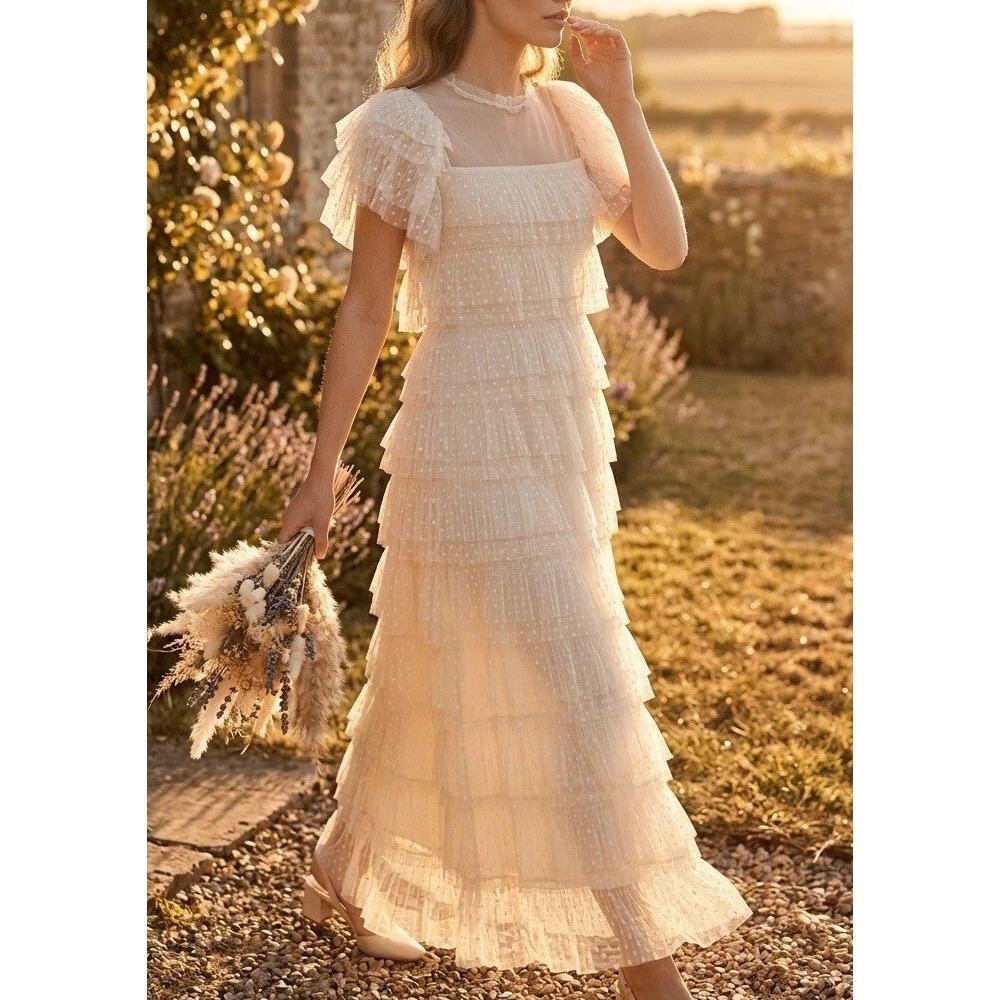 ZARA Cream Swiss Dot Tiered Tulle Midi Dress Ruffled Mesh Plumetis Coquette SM